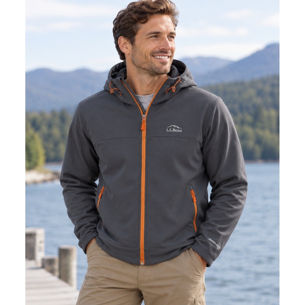 LL Bean Stormfleece Pro Jacket Size XXL Gray Orange Full Zip Hooded Softshell
